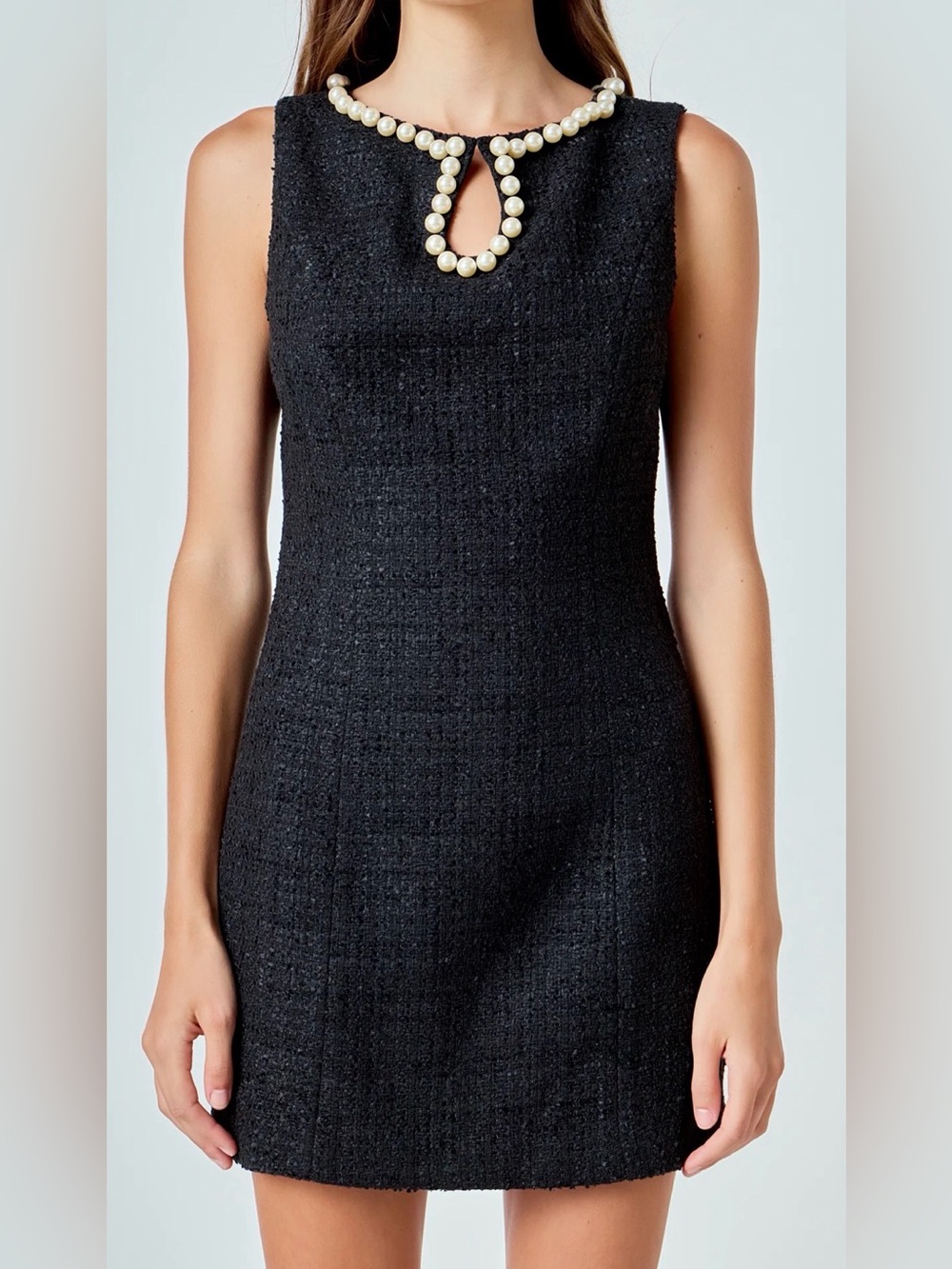 Sleeveless Black Pearl-Trim tweed Sheath Dress size small